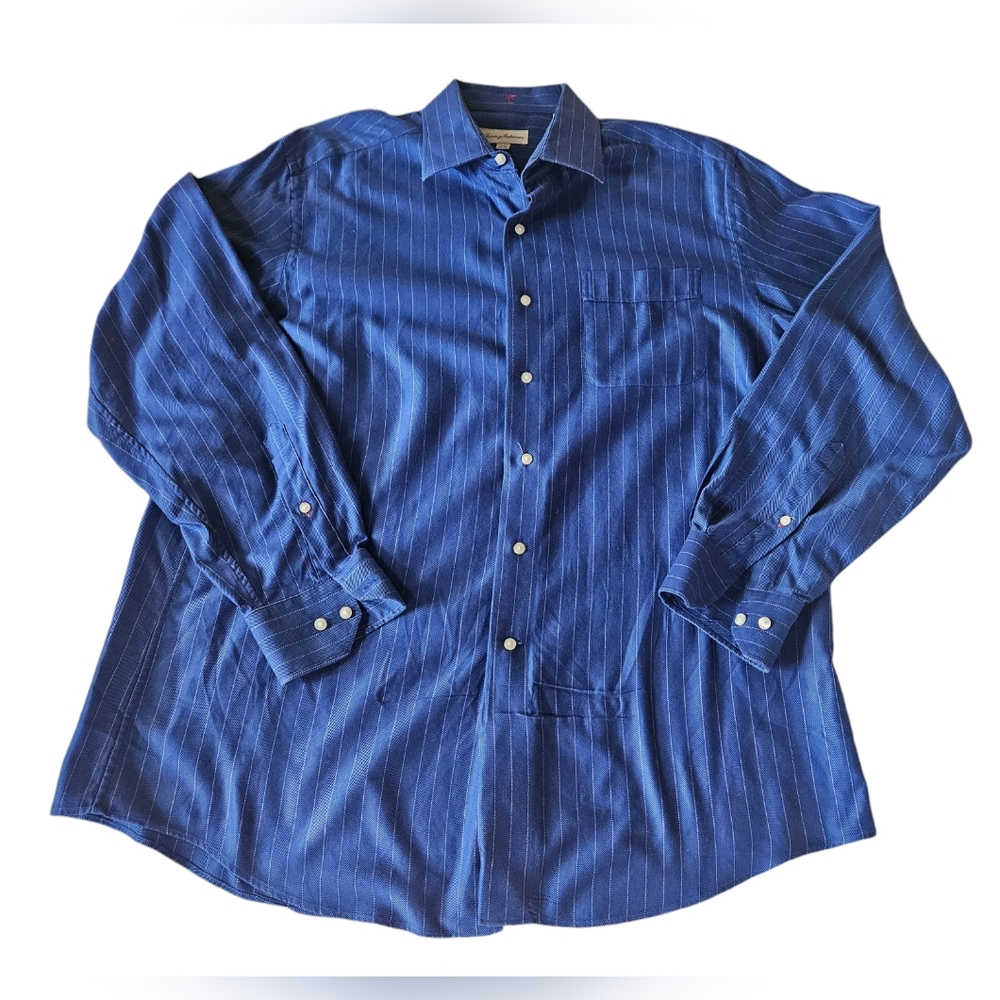 TOMMY BAHAMA Blue Pinstripe Cotton Shirt | SZ 16.5" - Picture 4 of 13